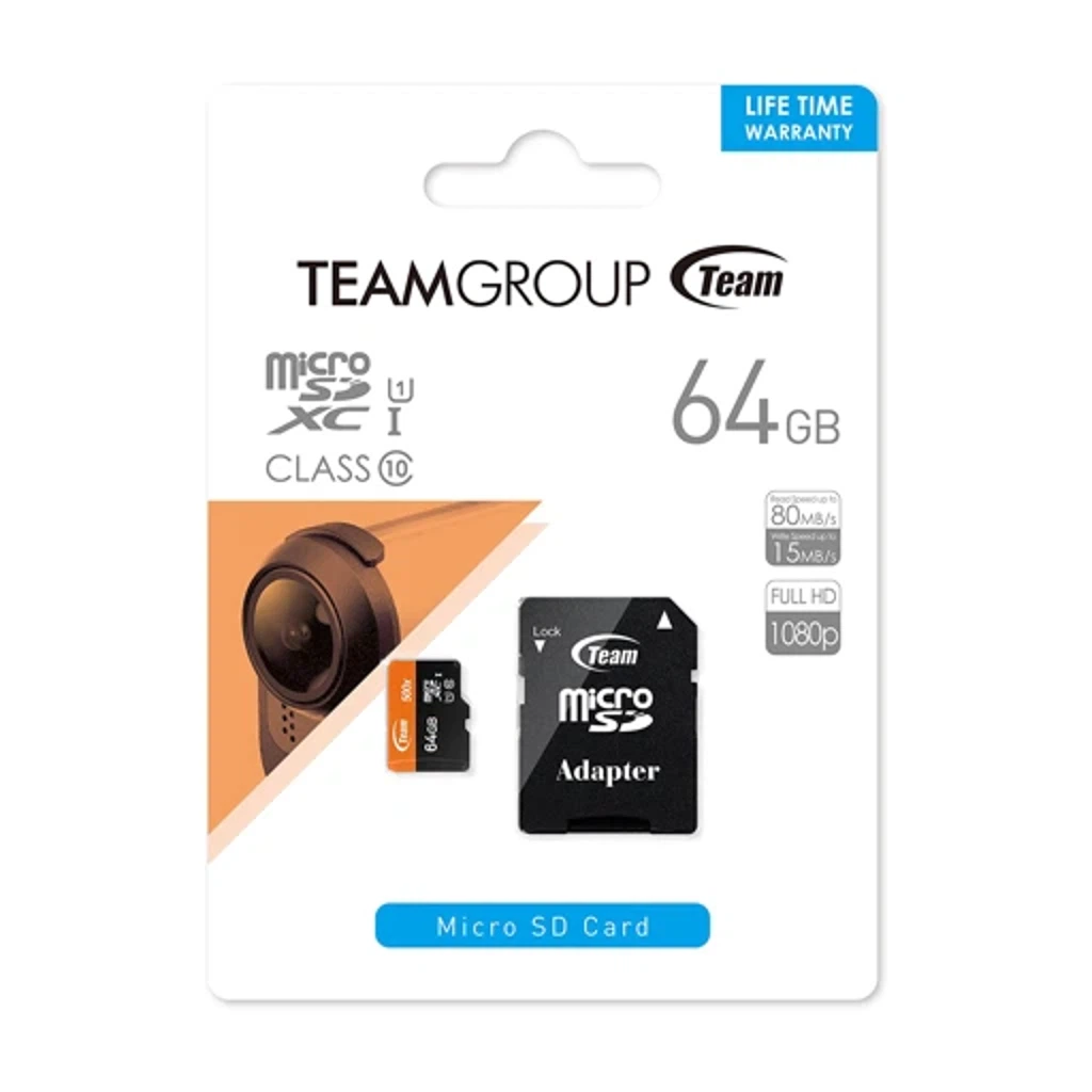 Team 64GB microSDXC UHS-I/U1 Class 10 Memory Card with Adapter, Speed Up to 80MB/s (TUSDX64GUHS03)